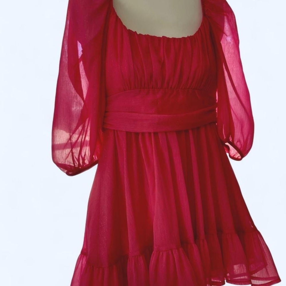 Lucy in the Sky Elegant Pink Chiffon Dress with Ruffled Skirt and Tie S